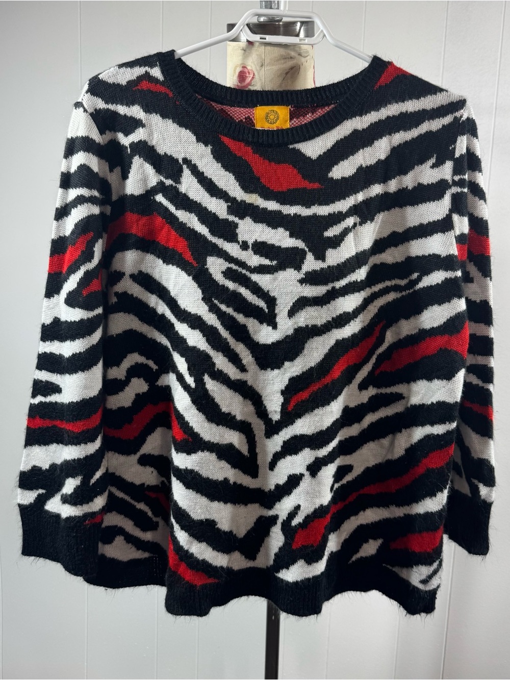 Zebra-Stripe Crewneck Sweater in Black, White & Red